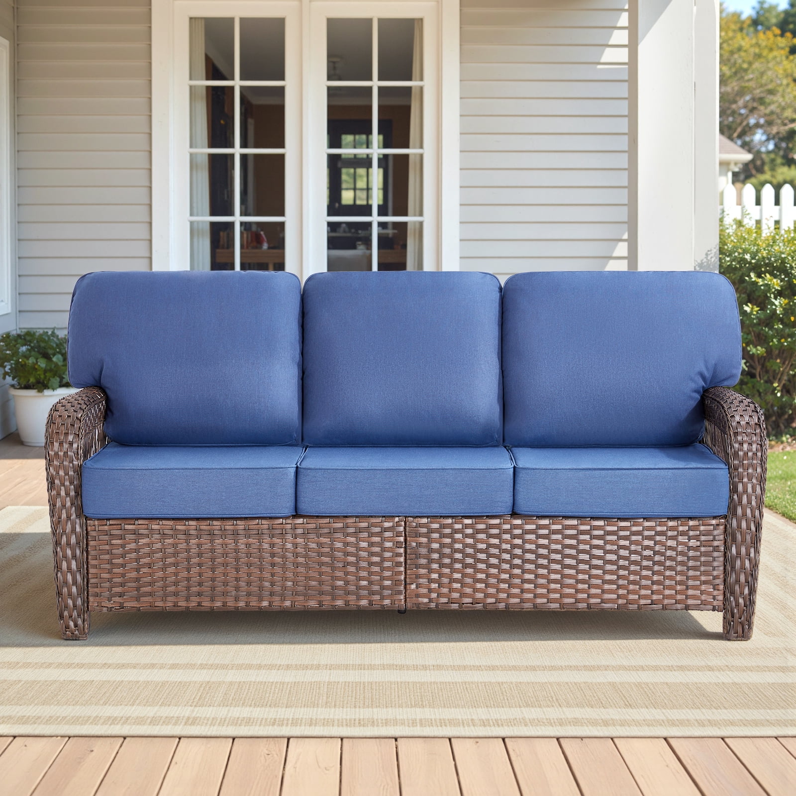 Hommoo 75.2" Outdoor Brown Wicker Patio Sofa with Cushions, Outdoor 2 Seat Patio Furniture Sofa Couch, for Porch or Backyard, Blue
