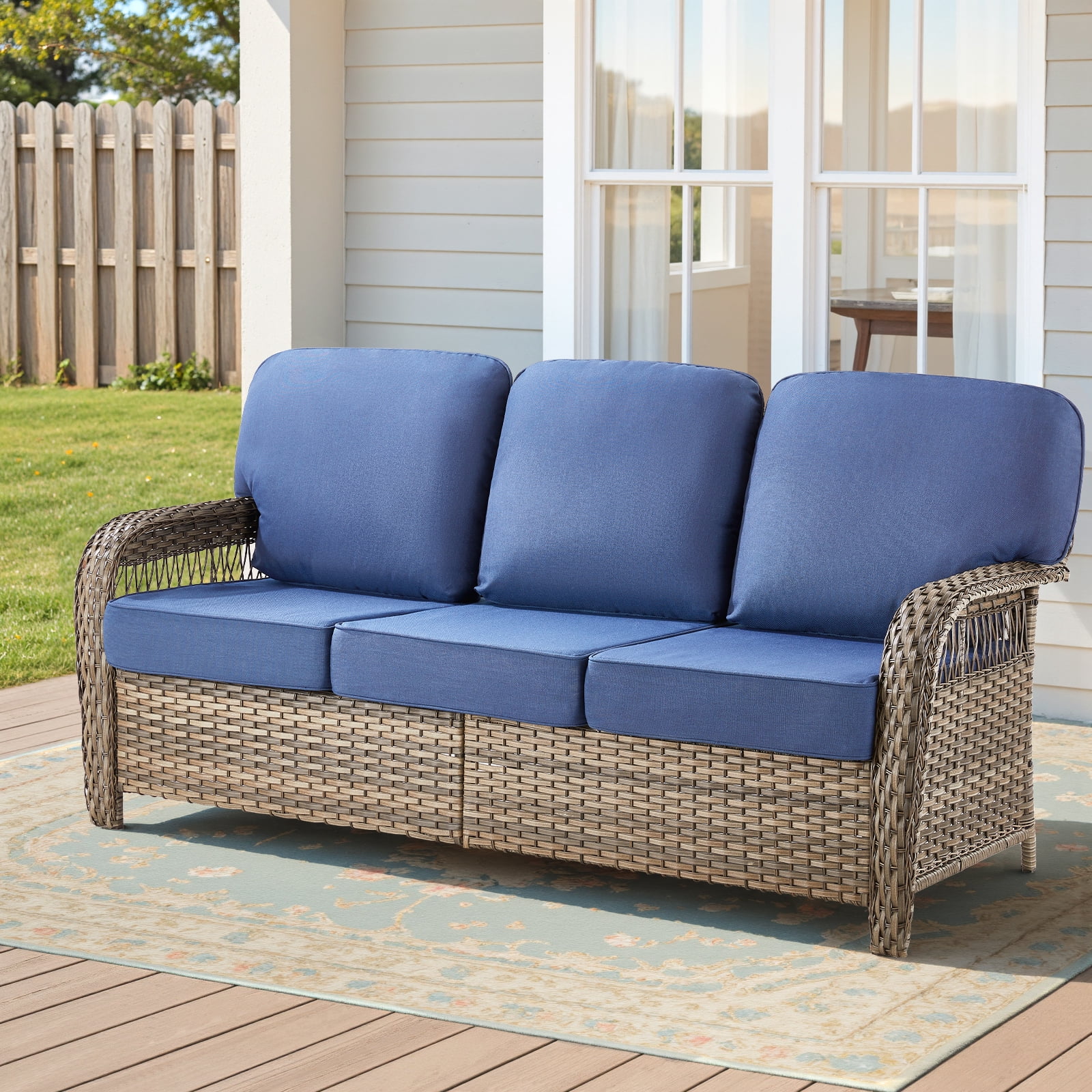 Hommoo 75.2" Outdoor Gray Wicker Patio Sofa with Cushions, Outdoor 2 Seat Patio Furniture Sofa Couch, for Porch or Backyard, Blue