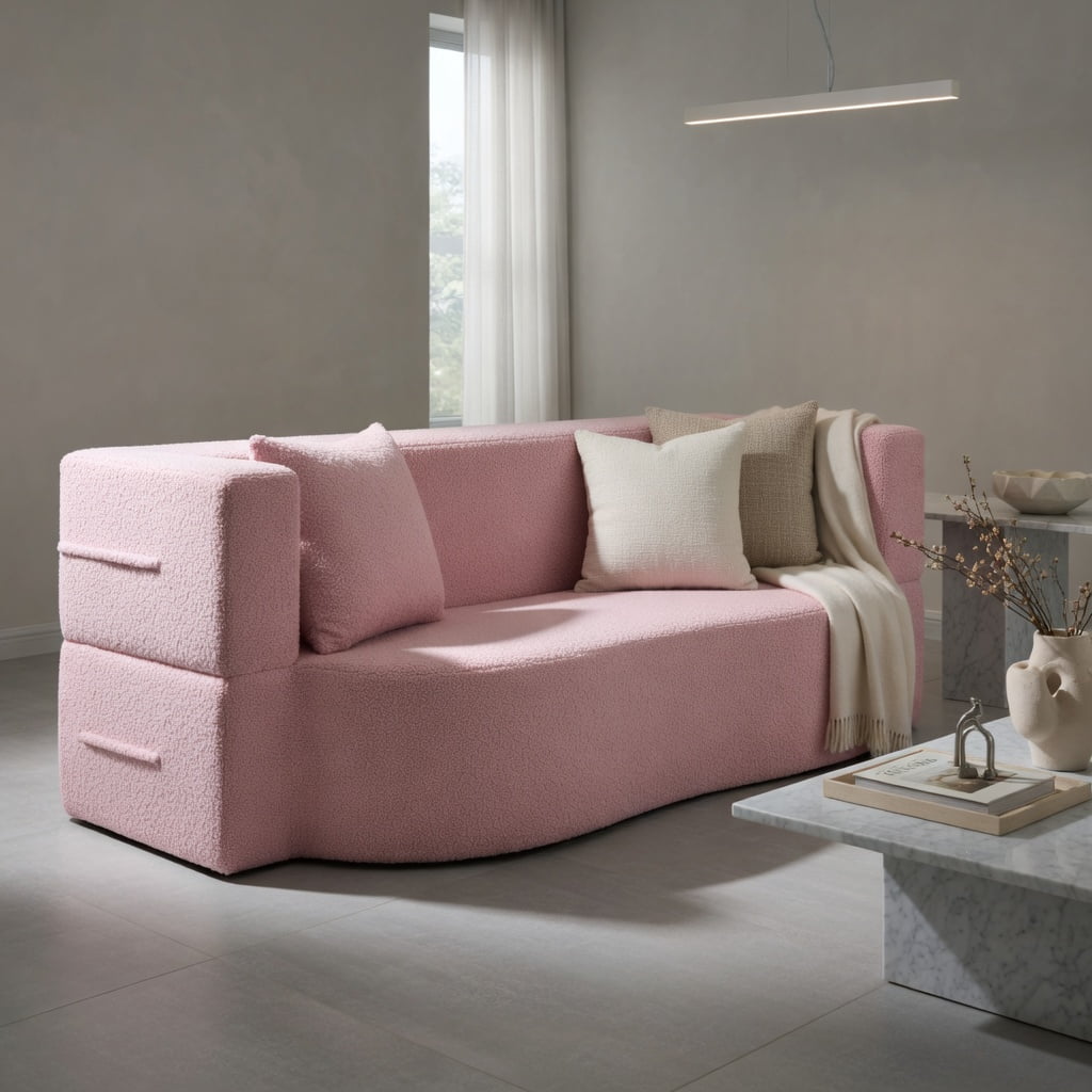Hommoo 75.5" 2-in-1 Folding Sofa Bed, Plush Teddy Fleece Convertible Loveseat with Removable Washable Covers & 2 Ergonomic Pillows, Pink
