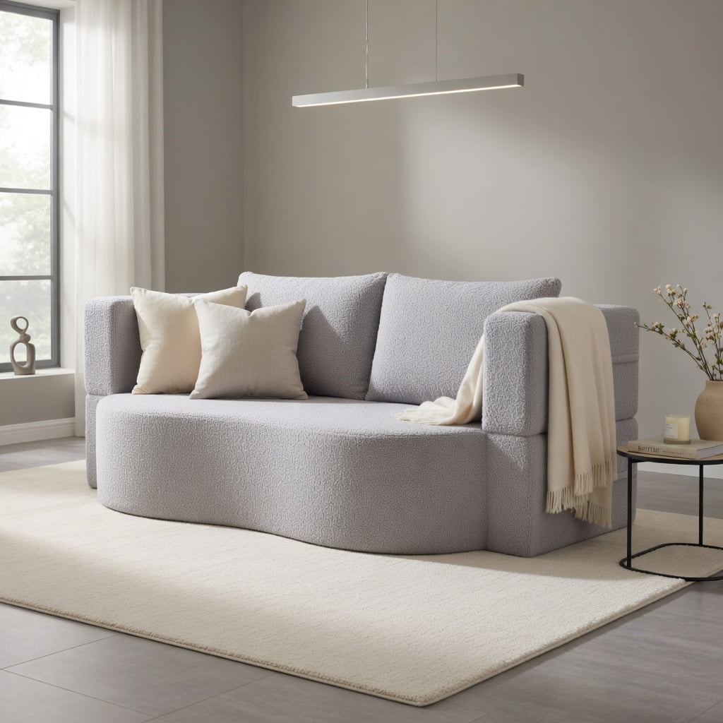 Hommoo 75.5" 2-in-1 Folding Sofa Bed, Teddy Fleece Convertible Floor Loveseat with Removable Washable Cover, Ergonomic Curved Back, 2 Plush Pillows, Gray