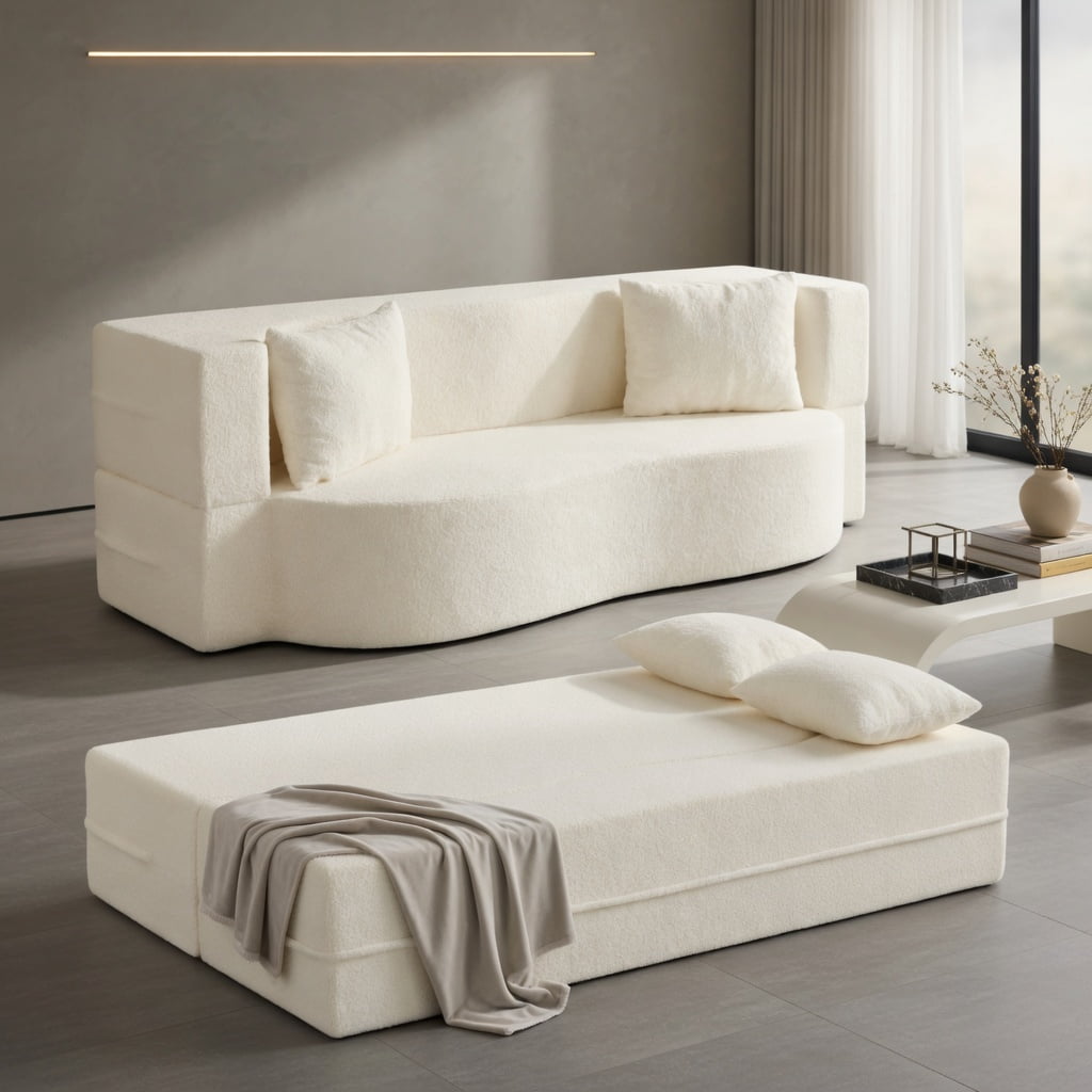 Hommoo 75.5" 2-in-1 Folding Sofa Bed, Teddy Fleece Convertible Floor Loveseat with Removable Washable Cover, Ergonomic Curved Design & 2 Plush Pillows, Beige