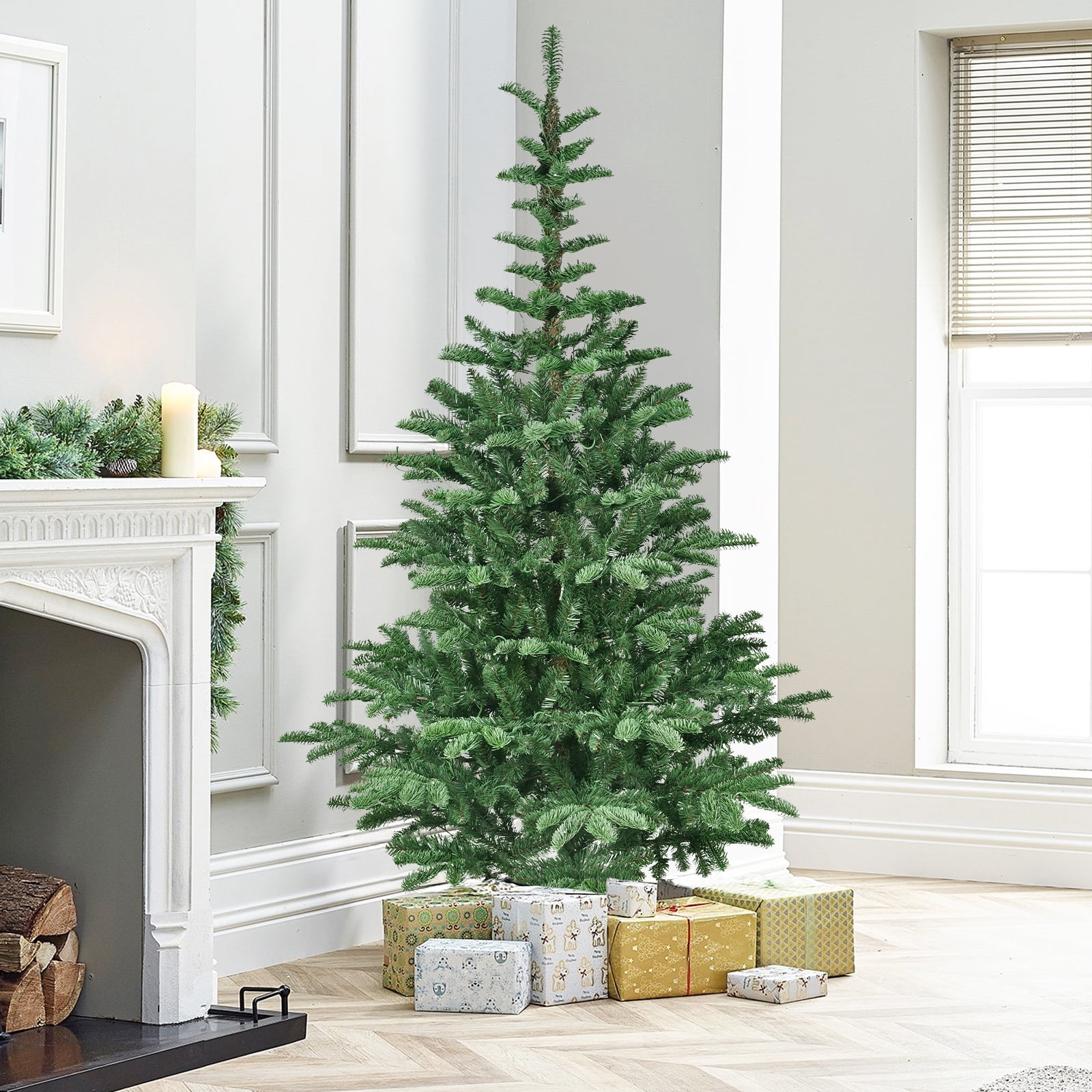 Hommoo 7FT Pre-Lit Christmas Tree: 400 Warm White LEDs, 941 Realistic PE+PVC Tips, Layered Design, Wooden Base - Holiday Ready, Green