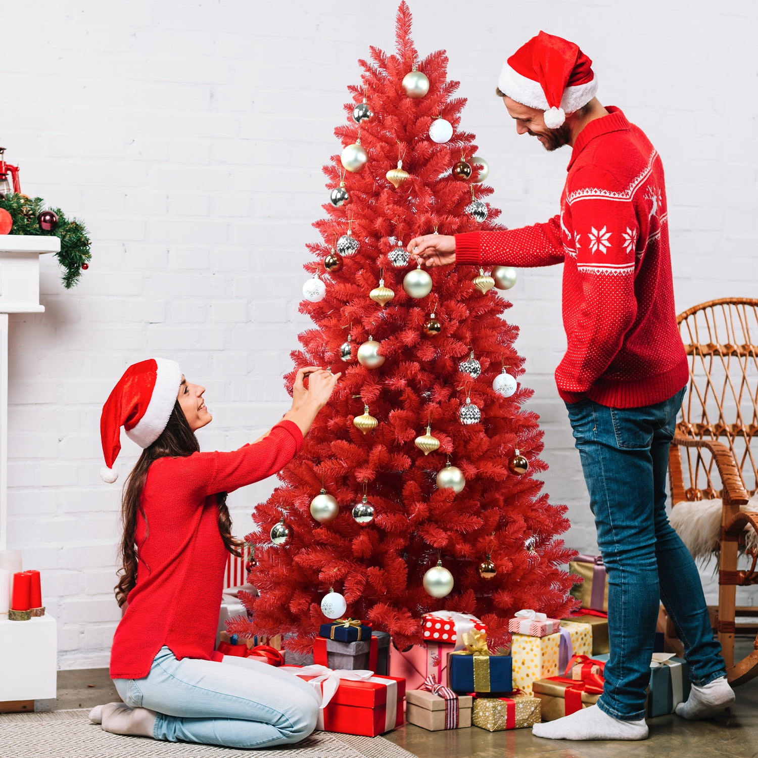 Hommoo 7FT Red PVC Christmas Tree with 1066 Tips, Hinged Branches for Easy Setup, Stable Metal Stand, Bold Holiday Decoration, Red