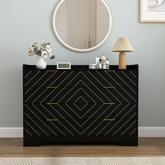 Hommoo 8 Drawer Dresser with Square Lines & Gold Handle, Dresser Storage Chest of Drawers for Living Room Hallway Entryway, Black