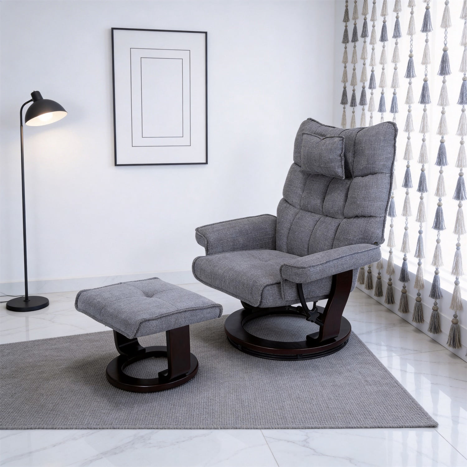 Hommoo 8-Point Massage Recliner with Ottoman, Heated Chenille Fabric Reclining Chair, Bent Wood Base, Indoor Lounge TV Armchair with Footrest, Grey