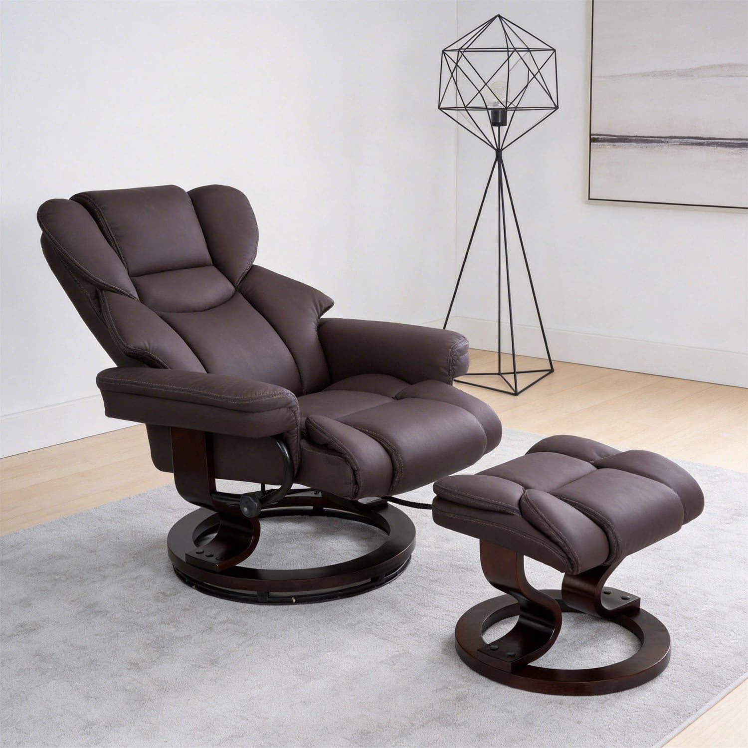 Hommoo 8-Point Massage Recliner with Ottoman, Heated Faux Leather Reclining Chair ,Bent Wood Base, Indoor Lounge TV Armchair with Footrest, Brown