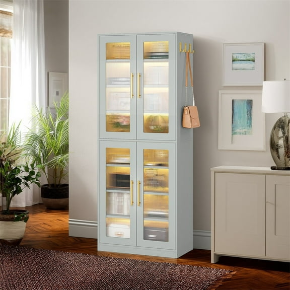 Hommoo 8-Tier Freestanding Tall Shoe Cabinet with Acrylic Doors and LED Lights, 24 Pairs,Gray