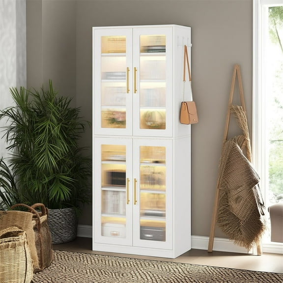 Hommoo 8-Tier Freestanding Tall Shoe Cabinet with Acrylic Doors and LED Lights, 24 Pairs,White