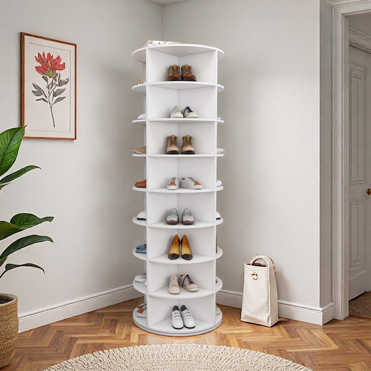 Hommoo 8-Tier Rotating Shoe Rack Tower, 360° Spinning Shoe Organizer for Closet or Entryway, Holds 32 Pairs, PVC Space-Saving Storage Solution, White