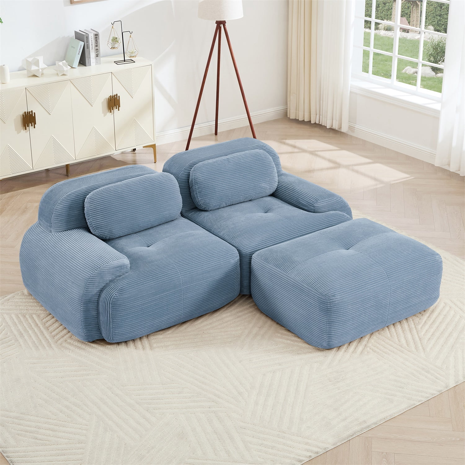Hommoo 82" Luxury Corduroy Fabric Modular L-shaped Sofa, Multiple Combinations 2 Seater Sectional Sofa Couches with Curved Armrests, for Living Room Apartment, Blue