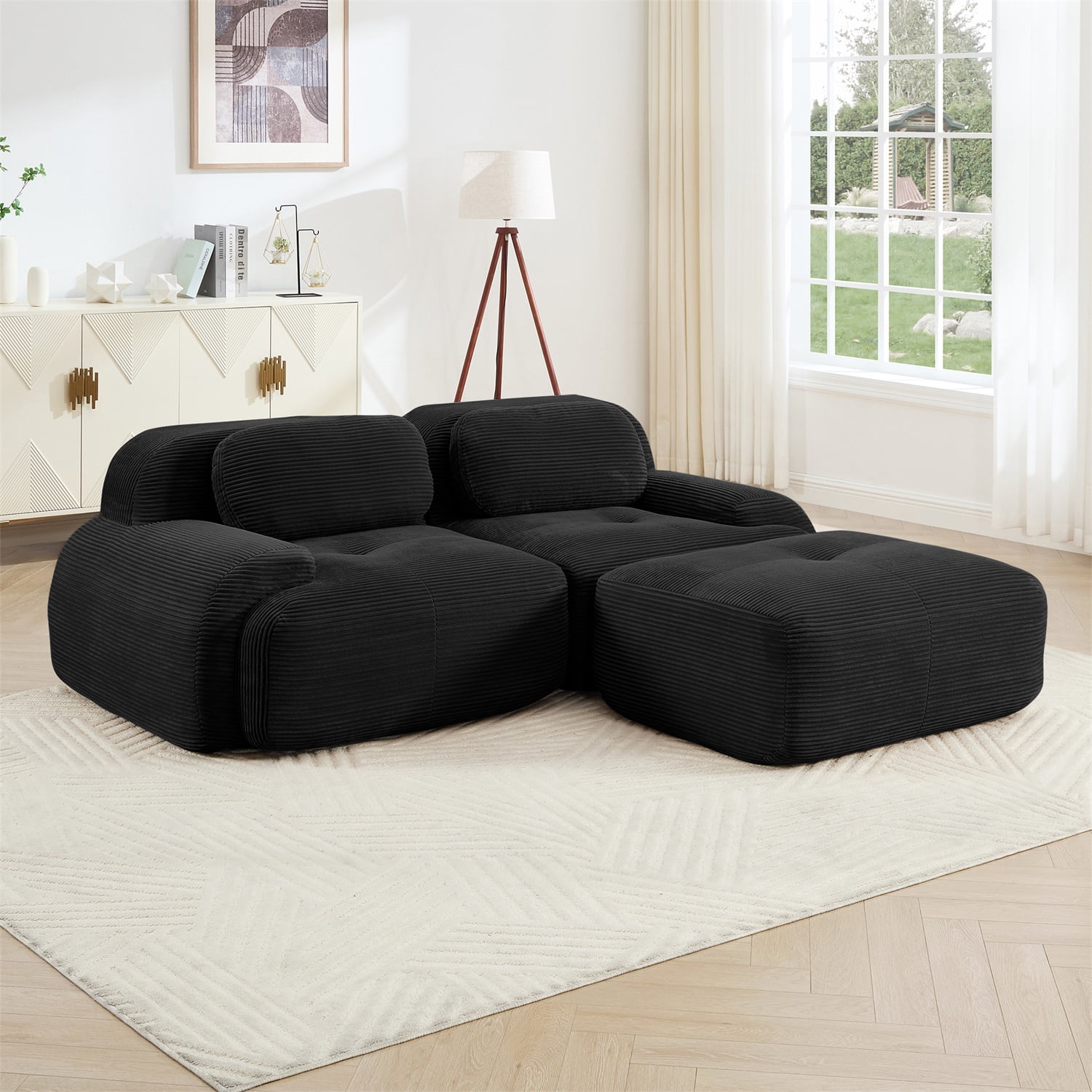 Hommoo 82" Luxury Corduroy Fabric Modular L-shaped Sofa, Multiple Combinations 2 Seater Sectional Sofa Couches with Curved Armrests, for Living Room Apartment, Black