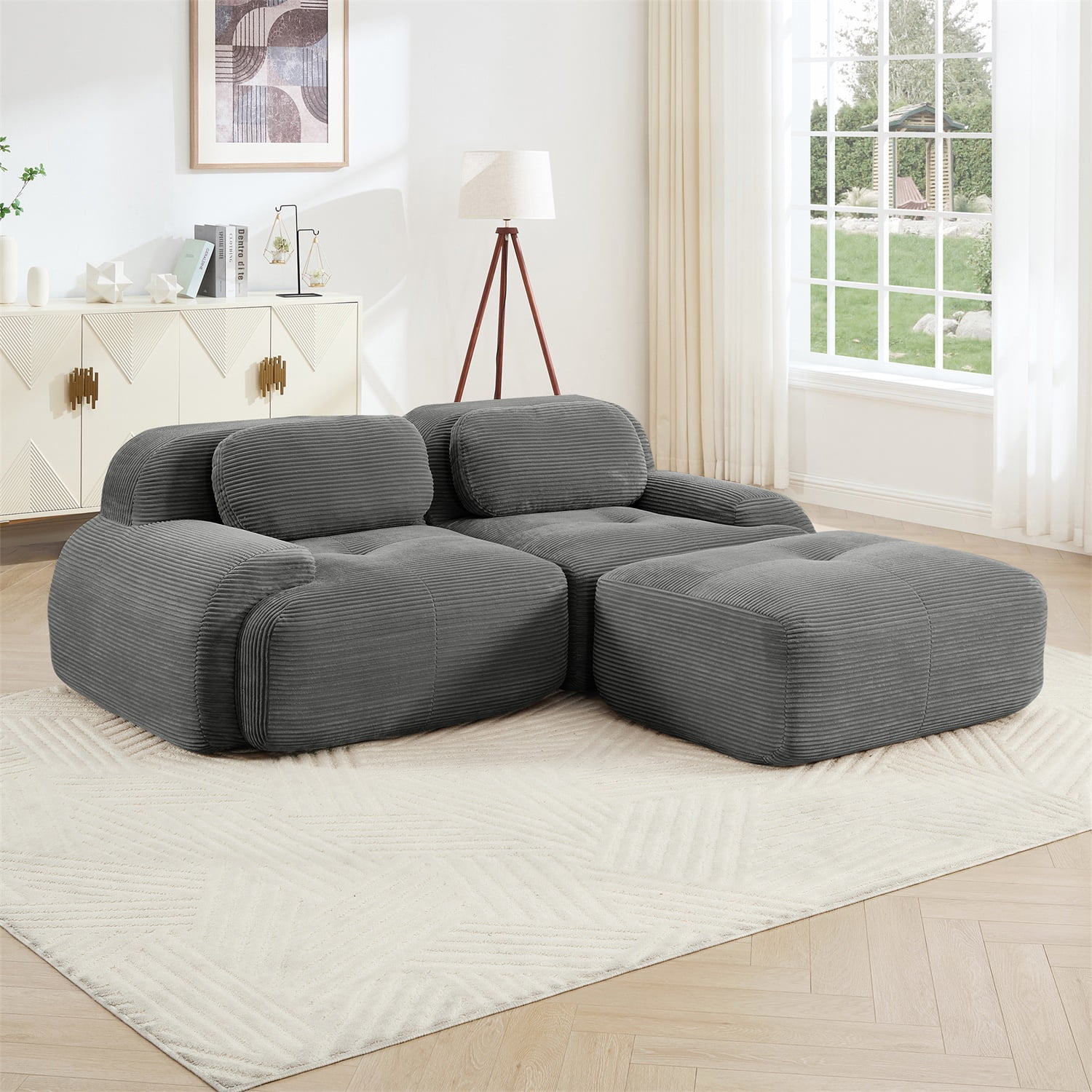 Hommoo 82" Luxury Corduroy Fabric Modular L-shaped Sofa, Multiple Combinations 2 Seater Sectional Sofa Couches with Curved Armrests, for Living Room Apartment, Grey