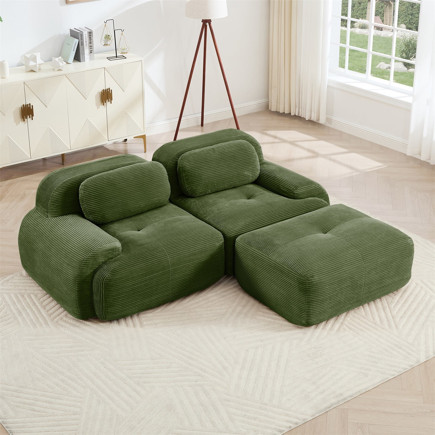 Hommoo 82" Luxury Corduroy Fabric Modular L-shaped Sofa, Multiple Combinations 2 Seater Sectional Sofa Couches with Curved Armrests, for Living Room Apartment, Green