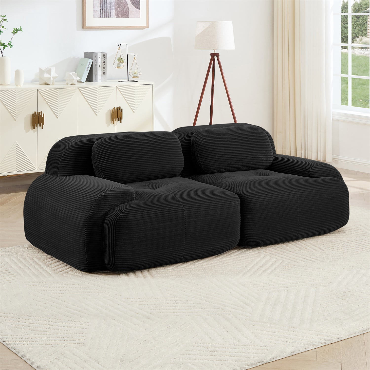 Hommoo 82" Luxury Corduroy Fabric Modular Loveseat Sofa, Multiple Combinations 2 Seater Sofa Couches with Curved Armrests, for Living Room Apartment, Black