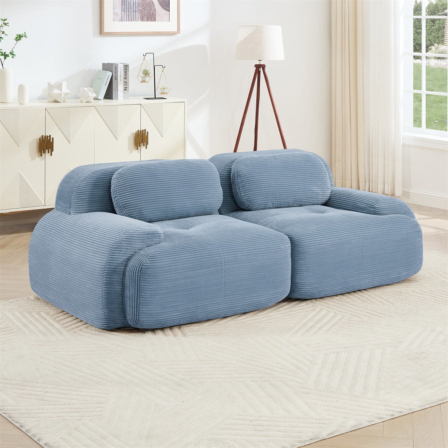 Hommoo 82" Luxury Corduroy Fabric Modular Loveseat Sofa, Multiple Combinations 2 Seater Sofa Couches with Curved Armrests, for Living Room Apartment, Blue