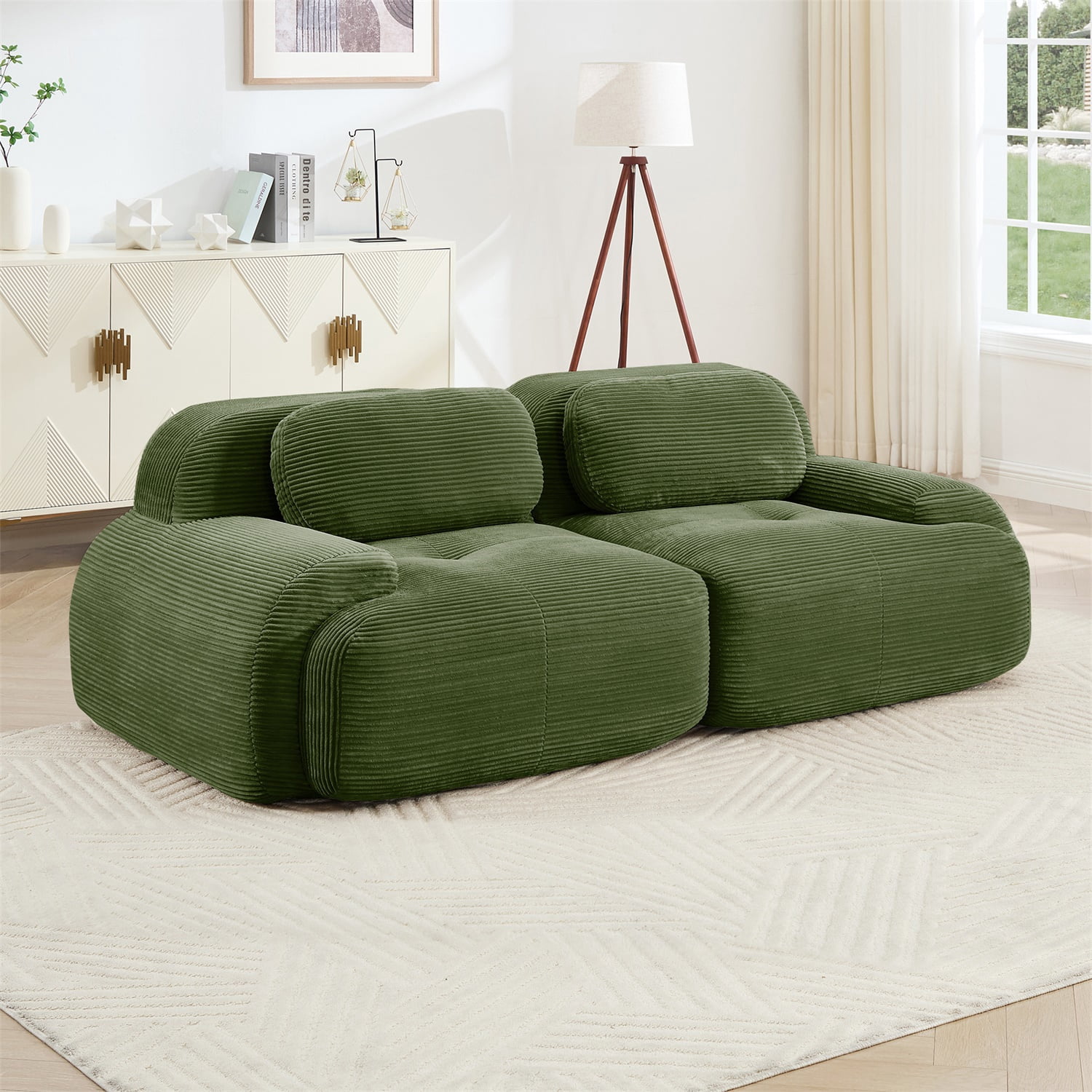Hommoo 82" Luxury Corduroy Fabric Modular Loveseat Sofa, Multiple Combinations 2 Seater Sofa Couches with Curved Armrests, for Living Room Apartment, Green
