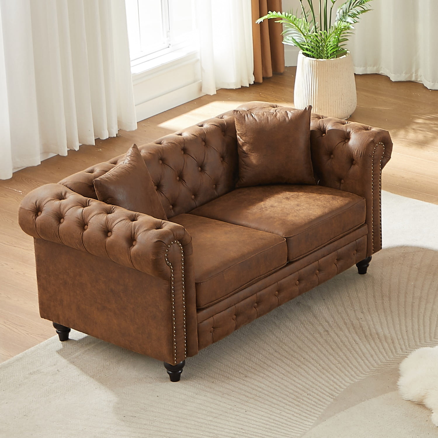 Hommoo 83.5"W Luxury Tech Fabric Chesterfield Loveseat, 2-Seater Sofa Couches with Button Tufted Design &Rolled Arms, Brown