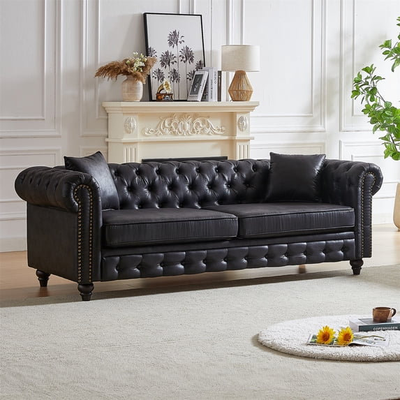 Hommoo 83.5"W Luxury Tech Fabric Chesterfield Loveseat, 3-Seater Sofa Couches with Button Tufted Design &Rolled Arms, Black