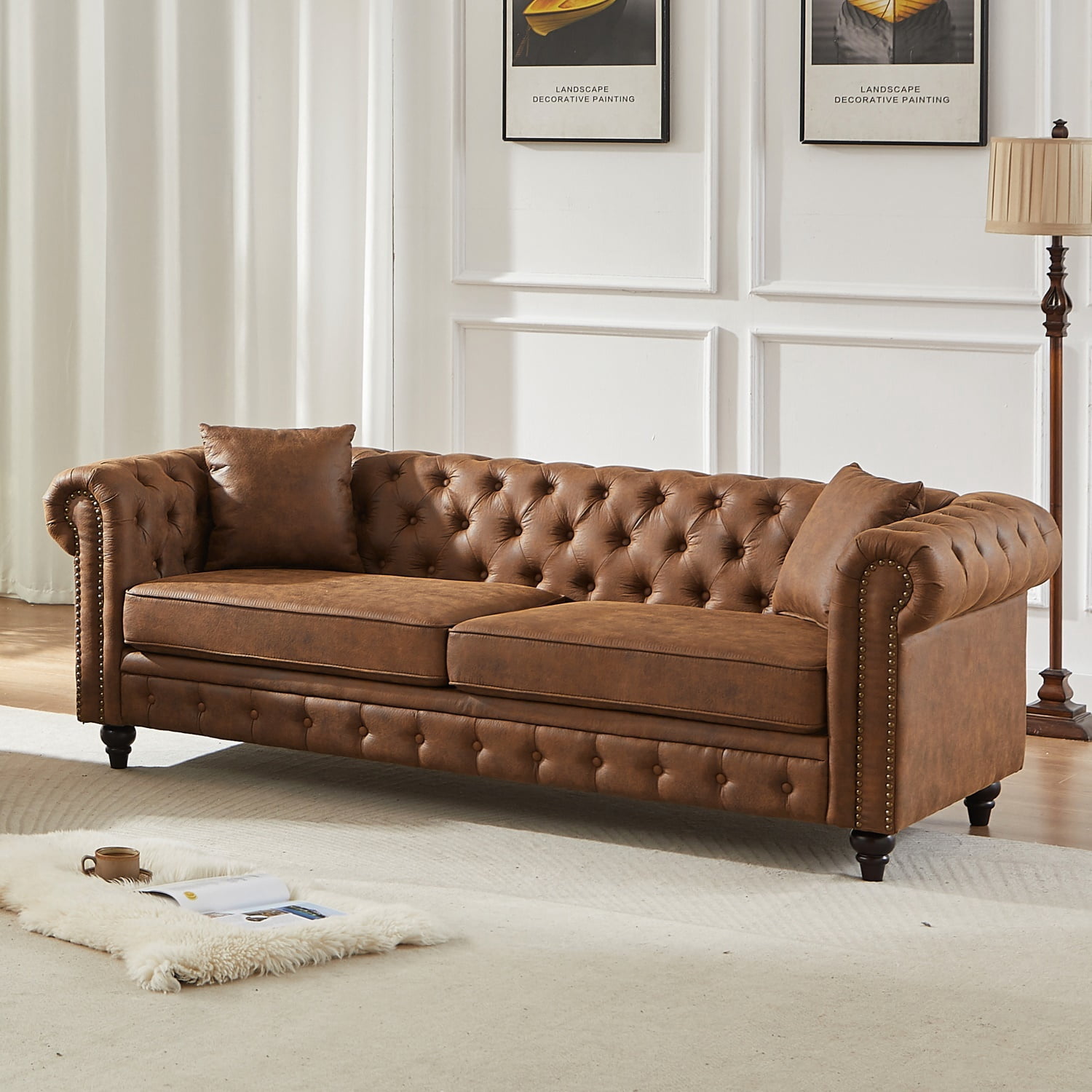 Hommoo 83.5"W Luxury Tech Fabric Chesterfield Loveseat, 3-Seater Sofa Couches with Button Tufted Design &Rolled Arms, Brown