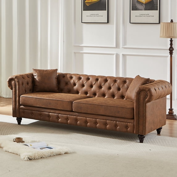 Hommoo 83.5"W Luxury Tech Fabric Chesterfield Loveseat, 3-Seater Sofa Couches with Button Tufted Design &Rolled Arms, Brown