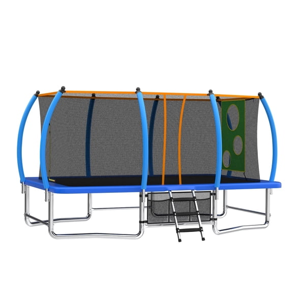 Hommoo 8x14FT Outdoor Square Trampolines with Basketball Hoop and Ladder, Long Rectangular Tumbling Trampoline, Blue