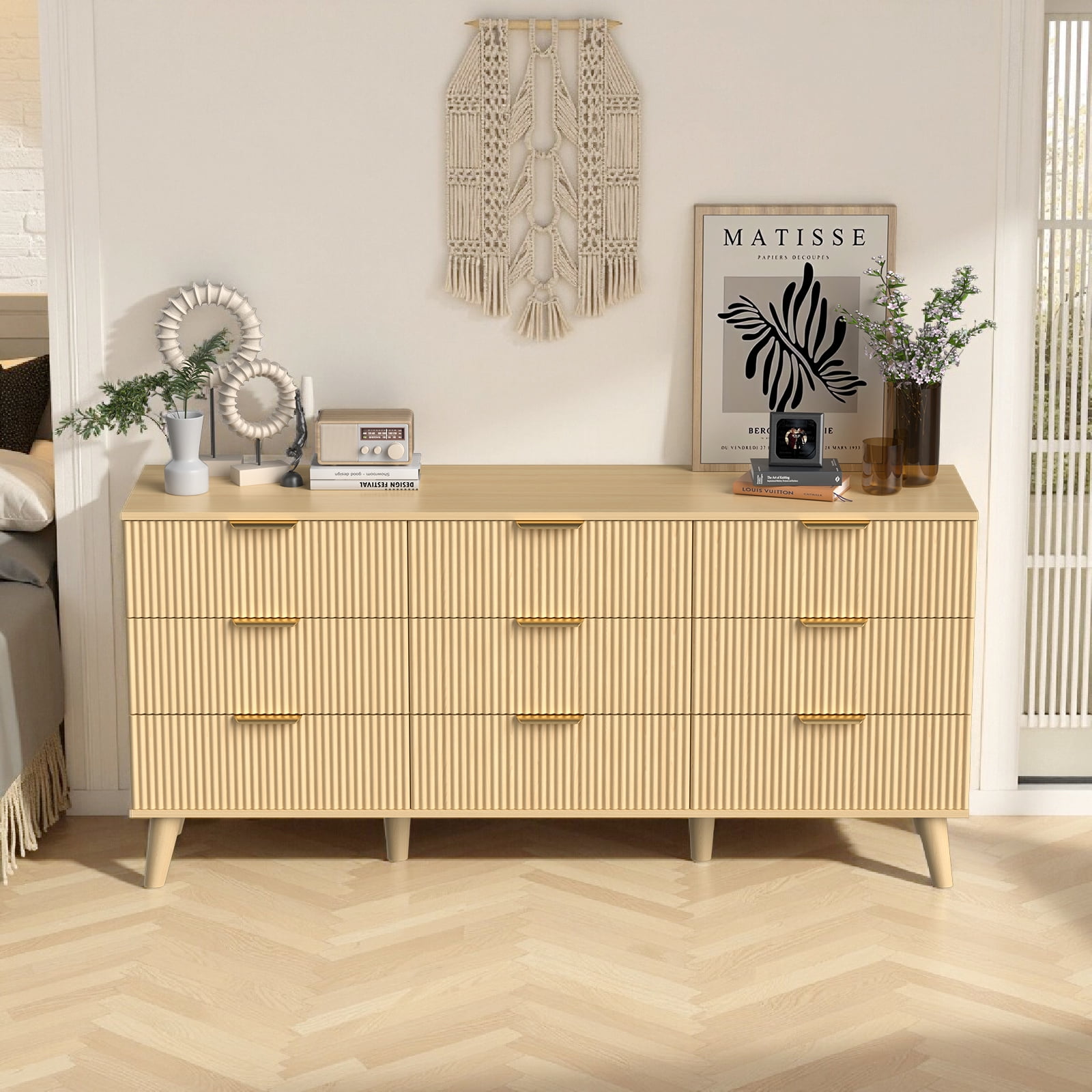 Hommoo 9 Drawer Dresser 63"W Storage Cabinet Credenza, Fluted Wooden Chest of Drawers for Home, Entrance, Natural