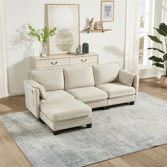 Hommoo 93-inch Cotton-Linen Velvet Texture L-shaped Sectional Sofa, 3 Seats Corner Sofa Set with Ottoman & Side Bag, Beige
