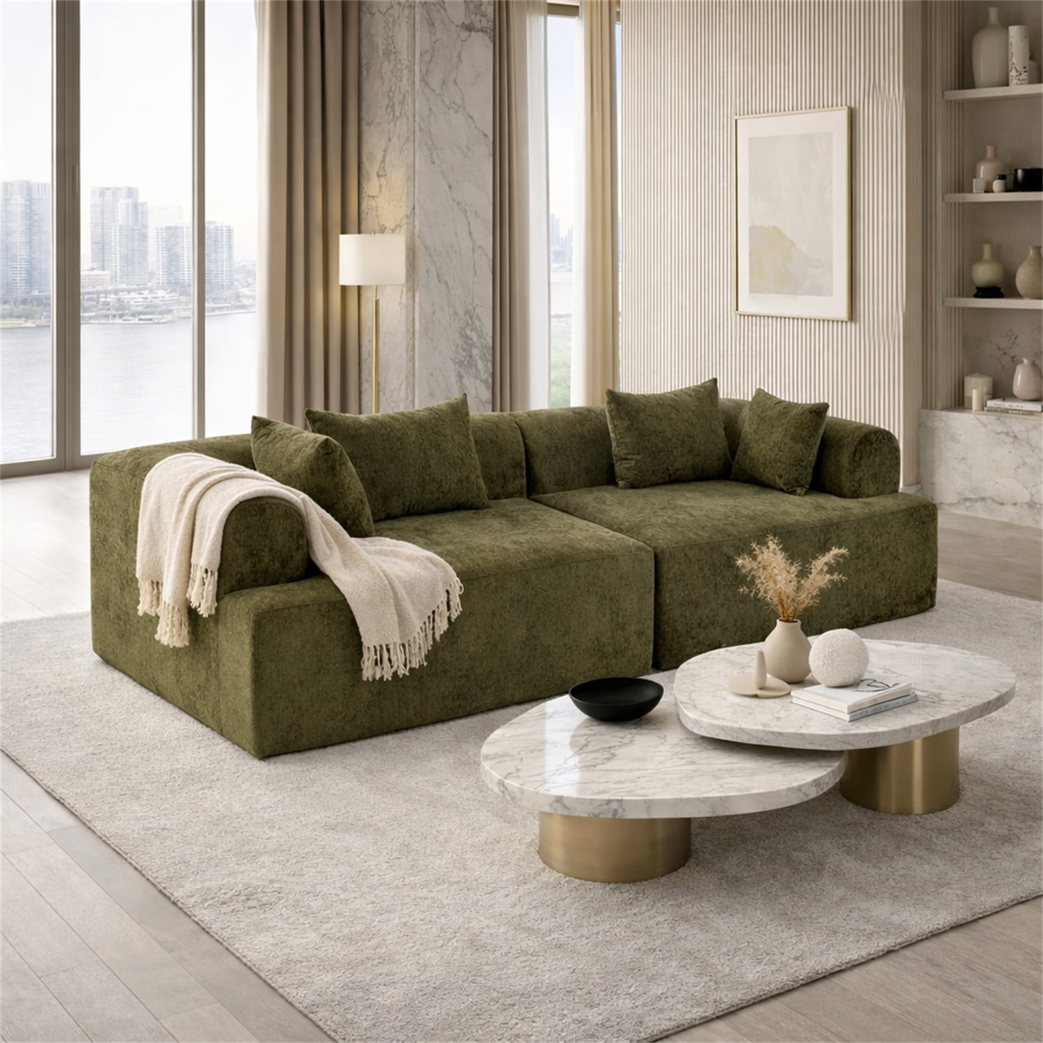 Hommoo 96" Full-Foam Modular Sofa, Deep Seat Flannelette Compressed Couch, 2-Seater Upholstered Sofa for Living Room Apartment, Green