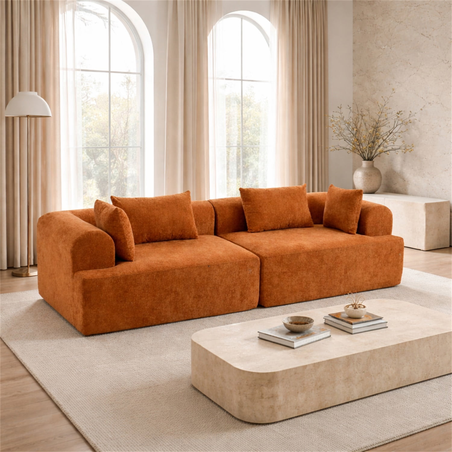 Hommoo 96" Full-Foam Modular Sofa, Deep Seat Flannelette Compressed Couch, 2-Seater Upholstered Sofa for Living Room Apartment, Orange