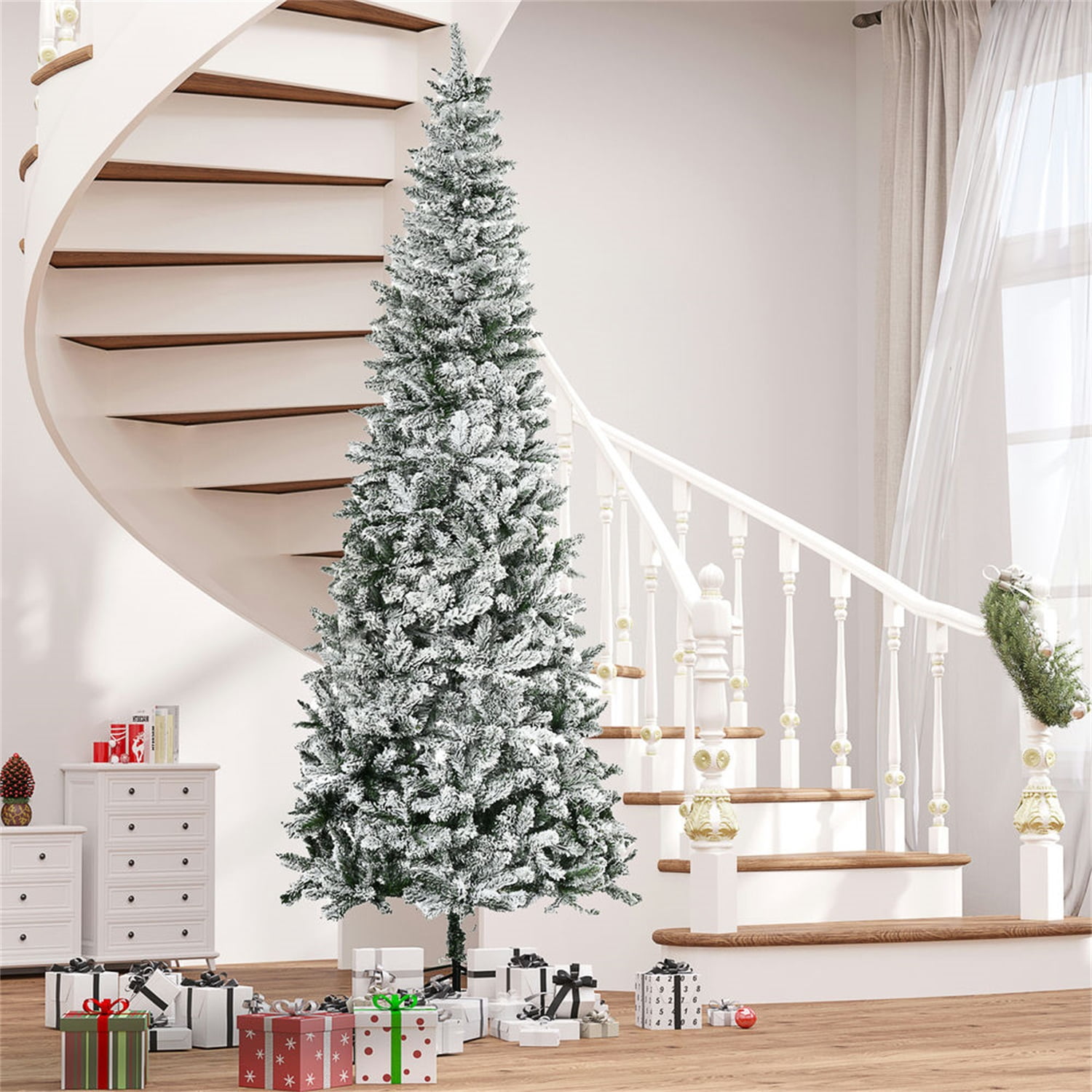 Hommoo 9ft Unlit Snow-Flocked Slim Pine Artificial Christmas Tree with Realistic Branches and 1084 Tips,Green