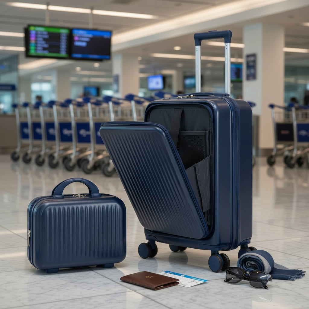 Hommoo ABS 2-Piece Spinner Luggage Set with 20" Suitcase & 14" Front-Opening Cosmetic Case, TSA-Compatible Combination Lock, 360° Silent Wheels, Retractable Handle, Navy