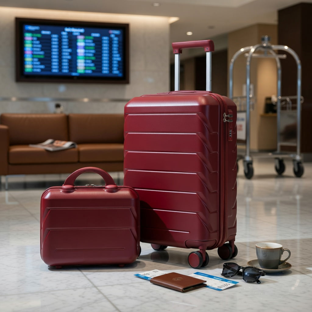 Hommoo ABS 2-Piece Spinner Luggage Set with TSA Combination Lock, 20" Checked + 14"h Carry-On Cosmetic Case, Wine Red