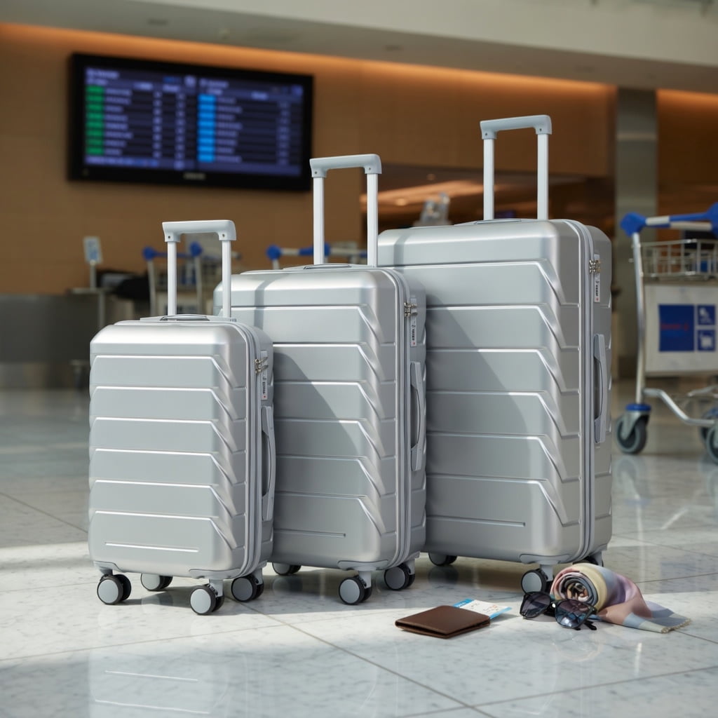 Hommoo ABS Hard Shell Luggage Set, 20", 24" & 28" Spinner Suitcases with TSA-Approved Combination Lock, 360° Silent Wheels & Retractable Telescopic Handle, Silver