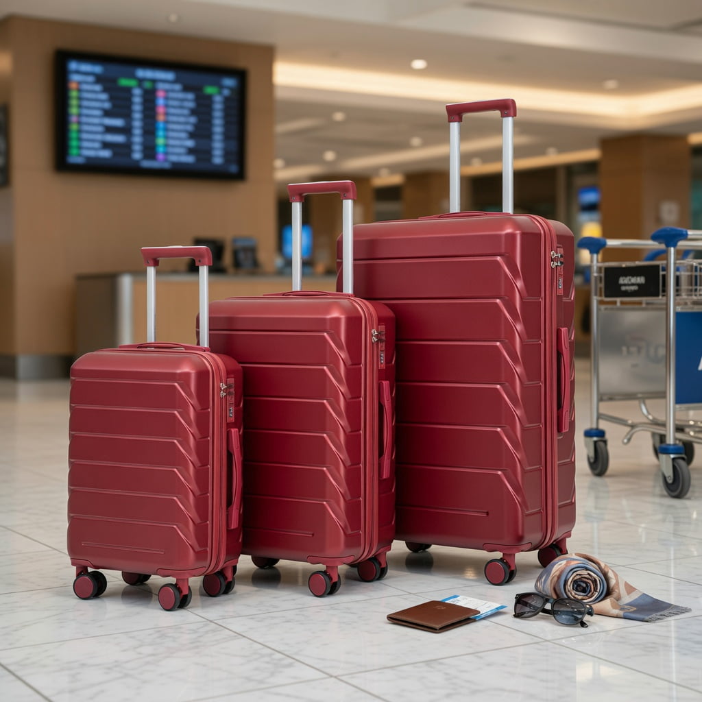 Hommoo ABS Hard Shell Luggage Set, 20", 24" & 28"h Spinner Suitcases with TSA Combination Lock, 360° Silent Wheels & Retractable Telescopic Handle, Wine Red