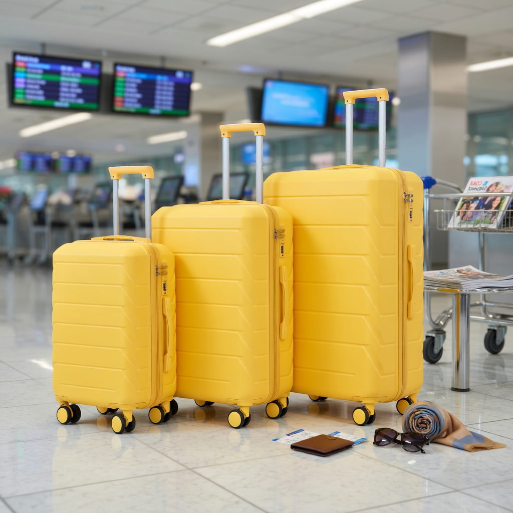 Hommoo ABS Spinner Luggage Set, 20", 24" & 28" Hard Shell Suitcases with TSA Combination Lock, 360° Silent Wheels & Retractable Telescopic Handle, Yellow