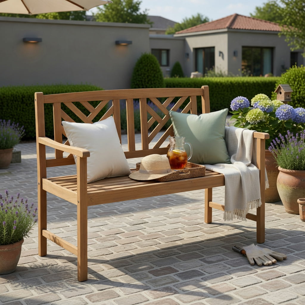 Hommoo Acacia Wood 2-Person Outdoor Bench with Ergonomic Armrests & Slatted Backrest, Garden Patio Bench for Backyard, Porch, Deck, Brown