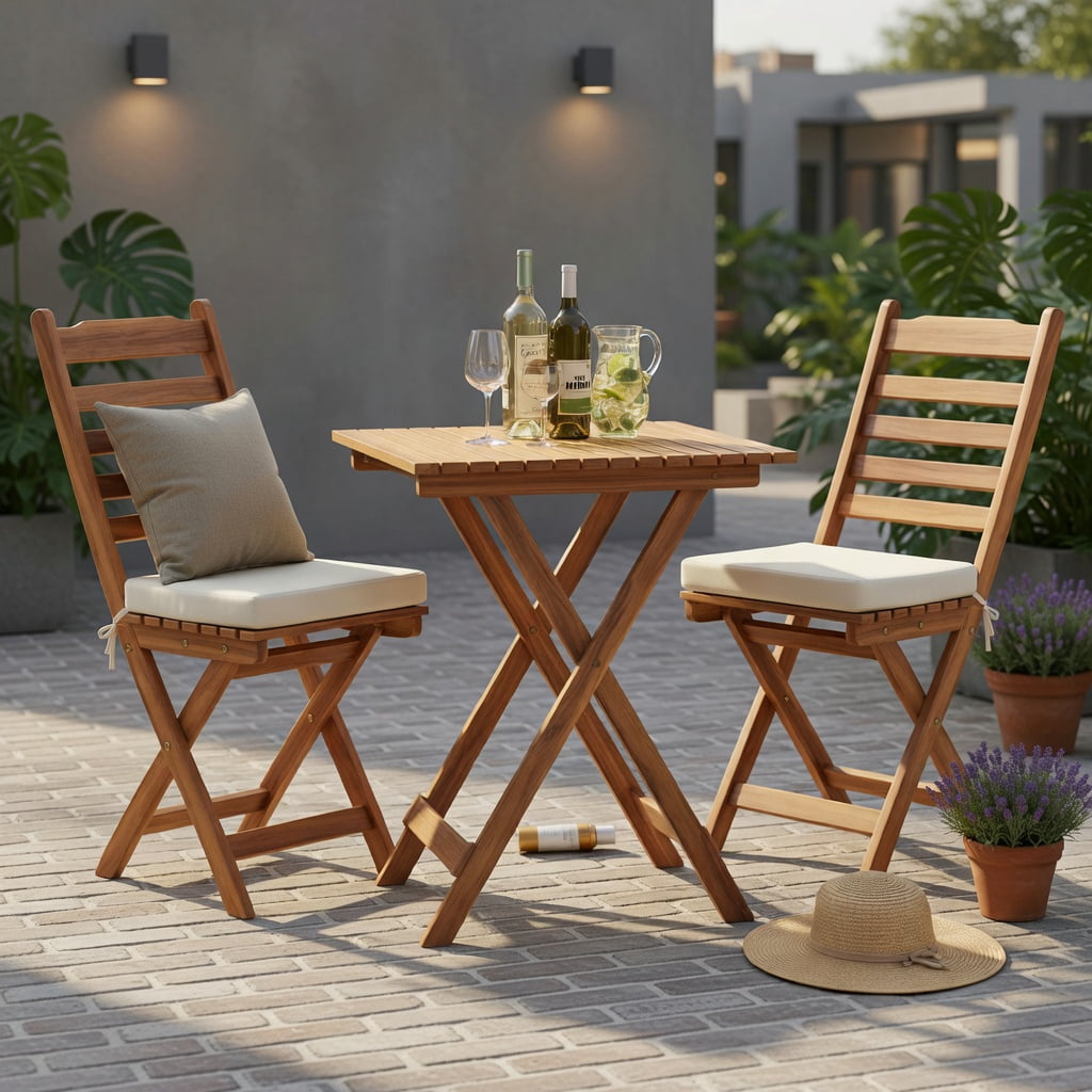 Hommoo Acacia Wood Folding Chair and Table Set with Cushions, 2 Chairs + 1 Table, Outdoor Patio Furniture for Backyard, Balcony & Poolside, White
