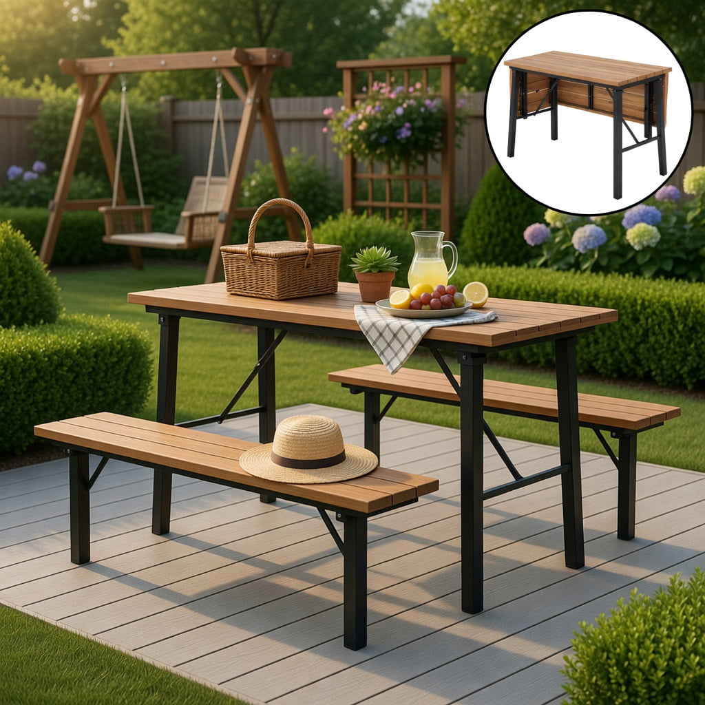 Hommoo Acacia Wood Folding Picnic Table with Rust-Resistant Metal Frame, Compact Outdoor Dining Table for 6, Indoor/Outdoor Use, Natural