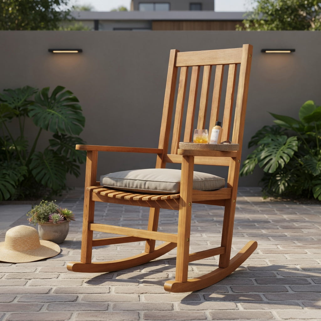 Hommoo Acacia Wood High-Back Rocking Chair for Indoor & Outdoor Use, Patio, Balcony & Backyard Comfort Chair, Natural
