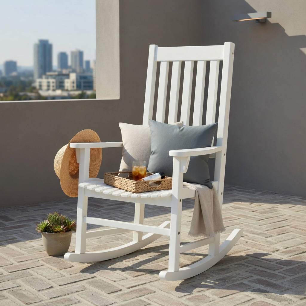 Hommoo Acacia Wood Indoor & Outdoor High-Back Rocking Chair, Weather-Resistant Patio Rocker for Backyard, Balcony & Living Room, White