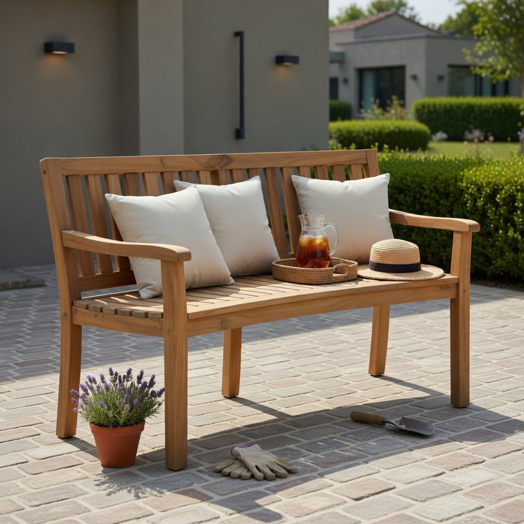 Hommoo Acacia Wood Outdoor Garden Bench, 2-Person Curved Backless Bench for Patio, Deck & Balcony, Natural Finish
