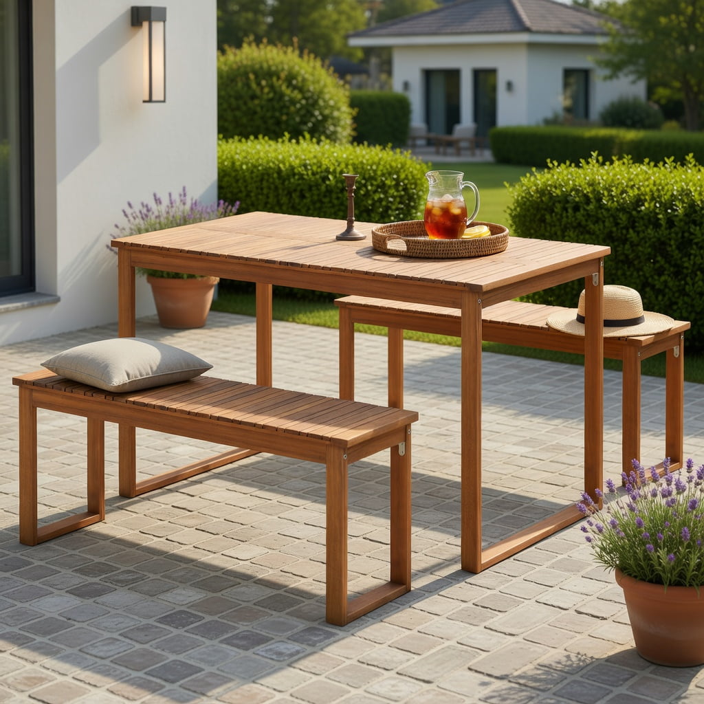 Hommoo Acacia Wood Outdoor Garden Bench, Slatted Seat Patio Bench for Porch, Balcony & Backyard, Natural