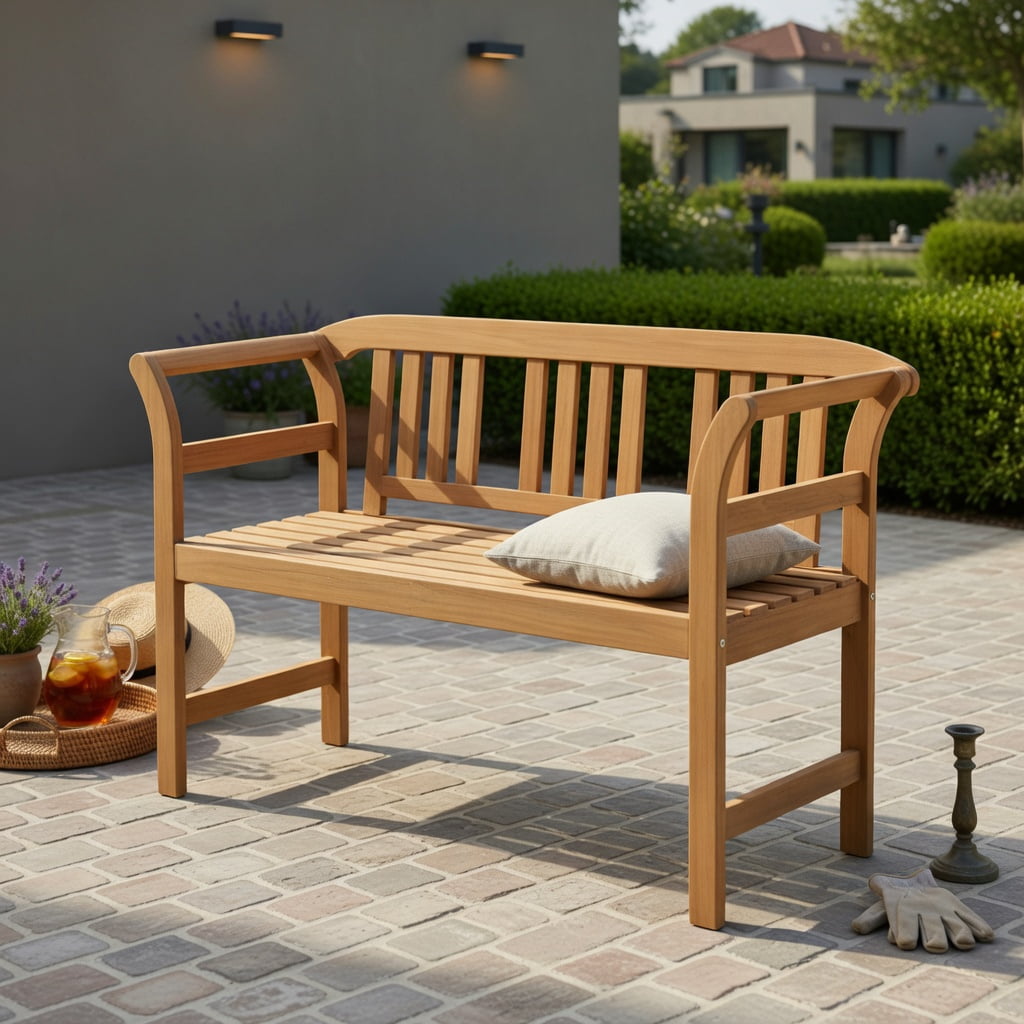Hommoo Acacia Wood Outdoor Loveseat for 2, Sturdy Patio Bench with Backrest & Armrests, Easy Assembly, Natural