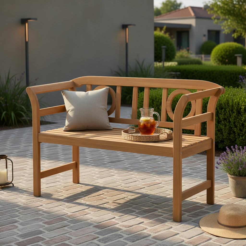 Hommoo Acacia Wood Outdoor Loveseat for 2, Sturdy Patio Bench with Backrest & Armrests, Natural