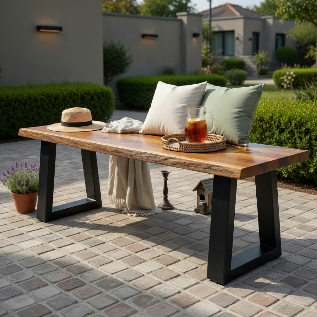Hommoo Acacia Wood Outdoor Patio Bench, Sturdy Metal Legs, 57.5" Modern Dining & Garden Seating Chair for Deck, Backyard, or Balcony, Natural