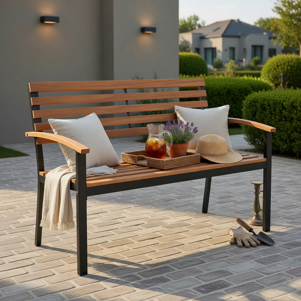Hommoo Acacia Wood Outdoor Patio Loveseat Bench with Backrest & Armrests, Two-Person Garden Seating for Backyard, Deck, or Balcony, Black
