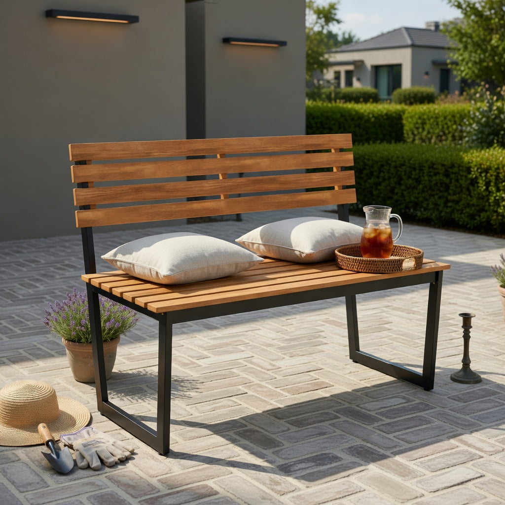 Hommoo Acacia Wood Outdoor Patio Loveseat Bench with Backrest & Heavy-Duty Steel Frame, Dual-Tone, 43" Wide, Black