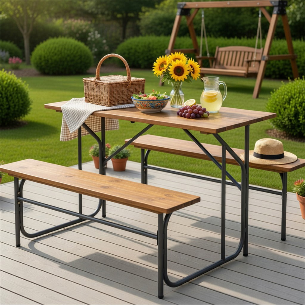 Hommoo Acacia Wood Outdoor Picnic Table & Bench Set for 2, Heavy-Duty Metal Frame, 52-inch Seating, Ideal for Backyard, Patio, Balcony, Black & Natural
