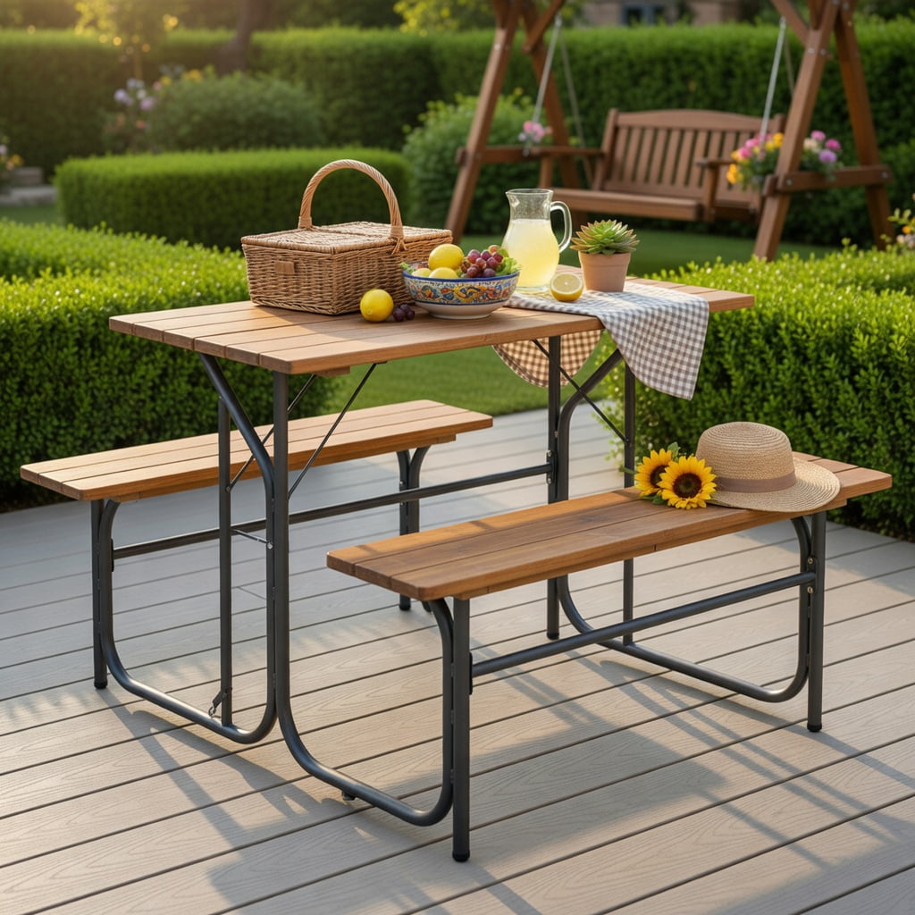 Hommoo Acacia Wood Outdoor Picnic Table and Bench Set, Single-Side Patio Table with Metal Frame, Black & Natural