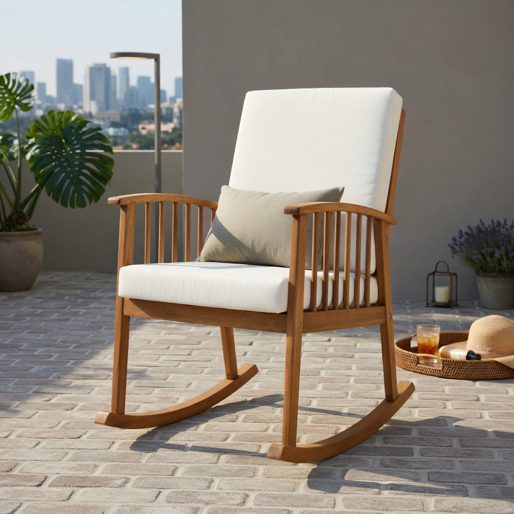 Hommoo Acacia Wood Outdoor Rocking Chair with Removable Washable Cushions, Patio, Backyard & Balcony Seating, Natural